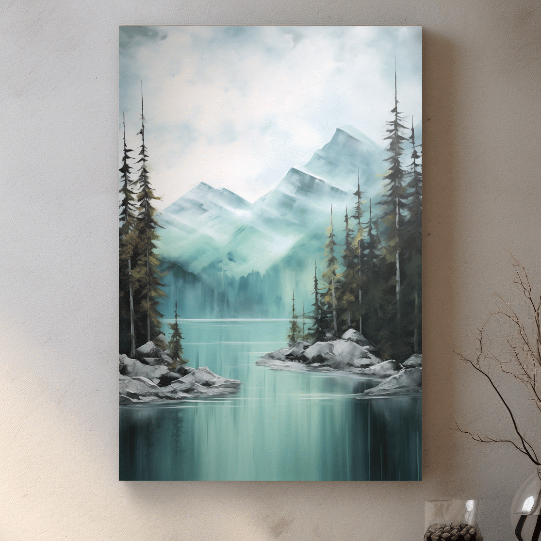 Misty Turquoise Mountain Lake Landscape - PNW Watercolor Forest Wall Art