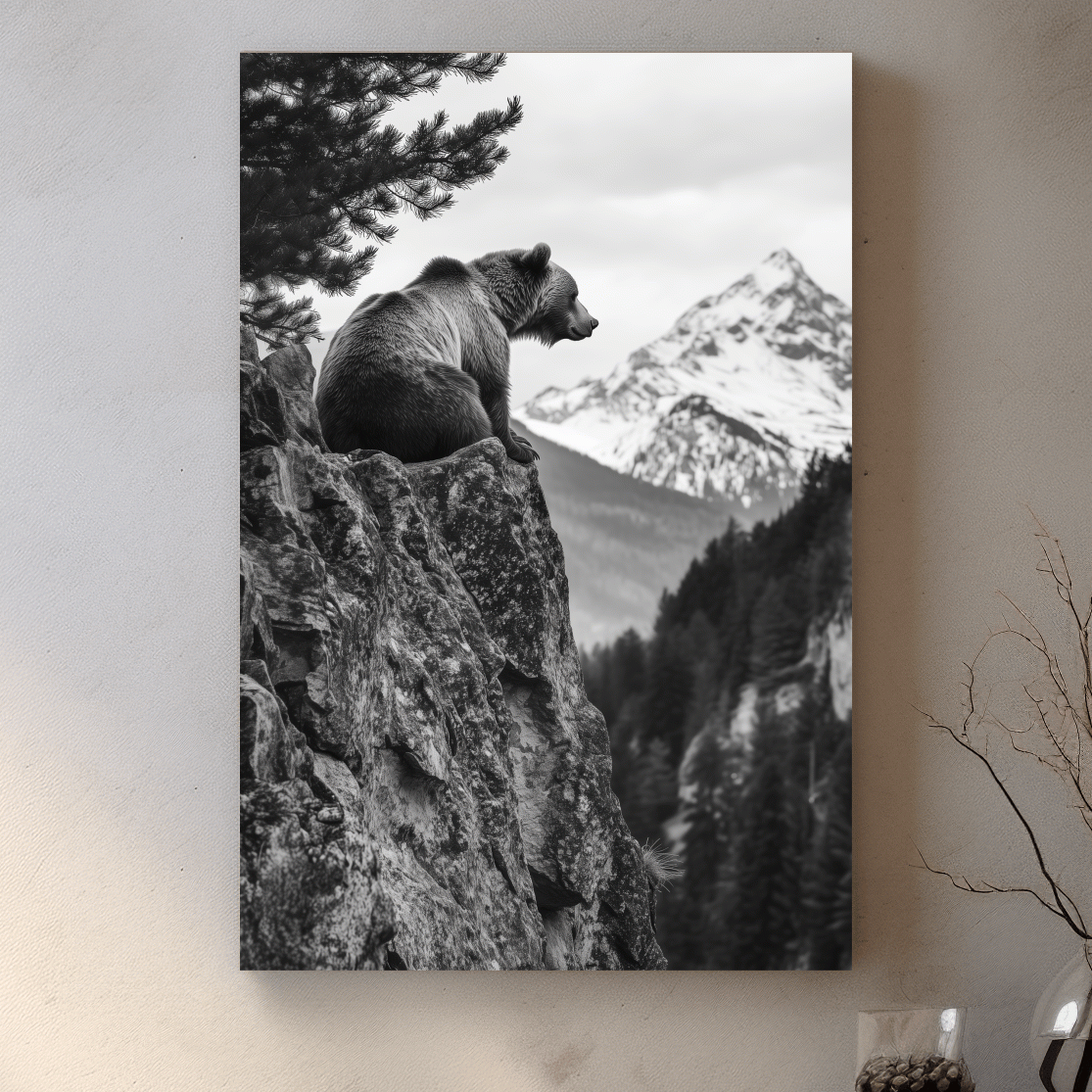 Grizzly bear taking in a mountain view, photographic wildlife wall art