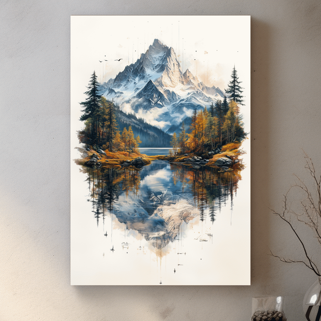 Alpine lake painting, tattoo inspired mountain glacier wall art
