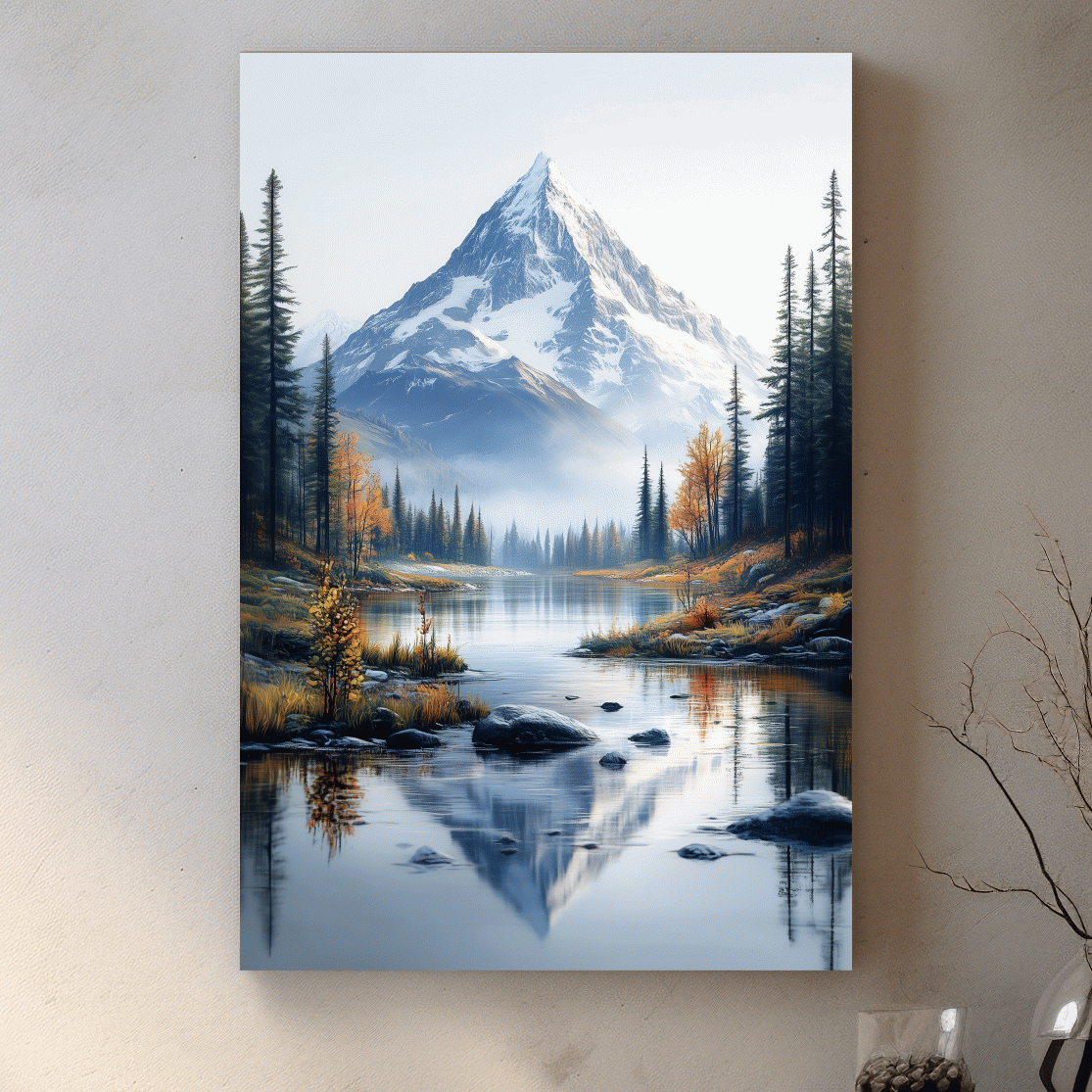 Majestic Snowcapped Mountain Lake Artwork - Serene Alpine Meadows Wall Art