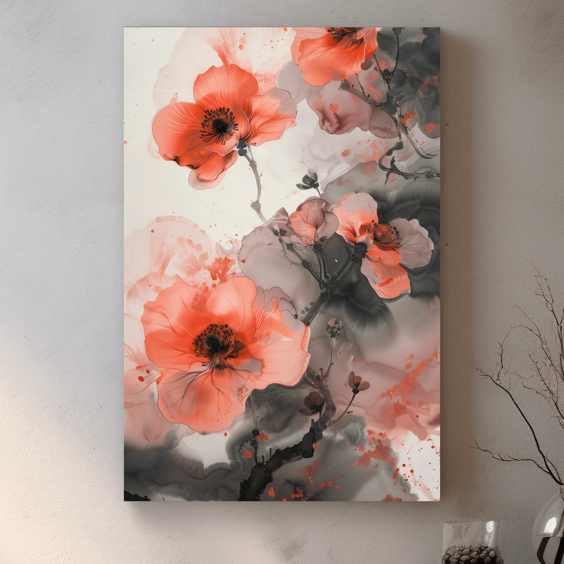 Poppy Blossom Ink Wash Painting - Floral Botanical Watercolor Artwork