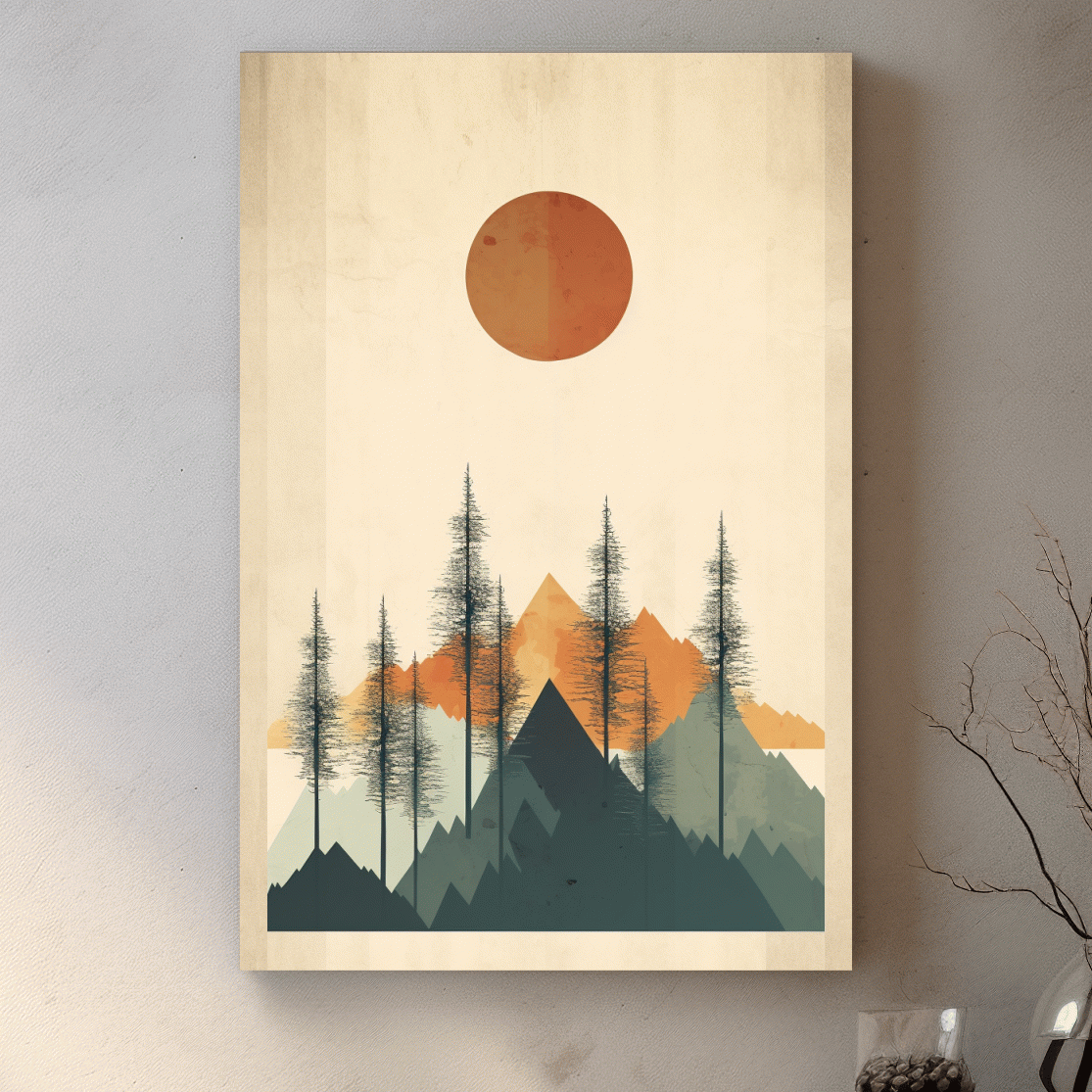 Minimal art of mountains and forest scenery