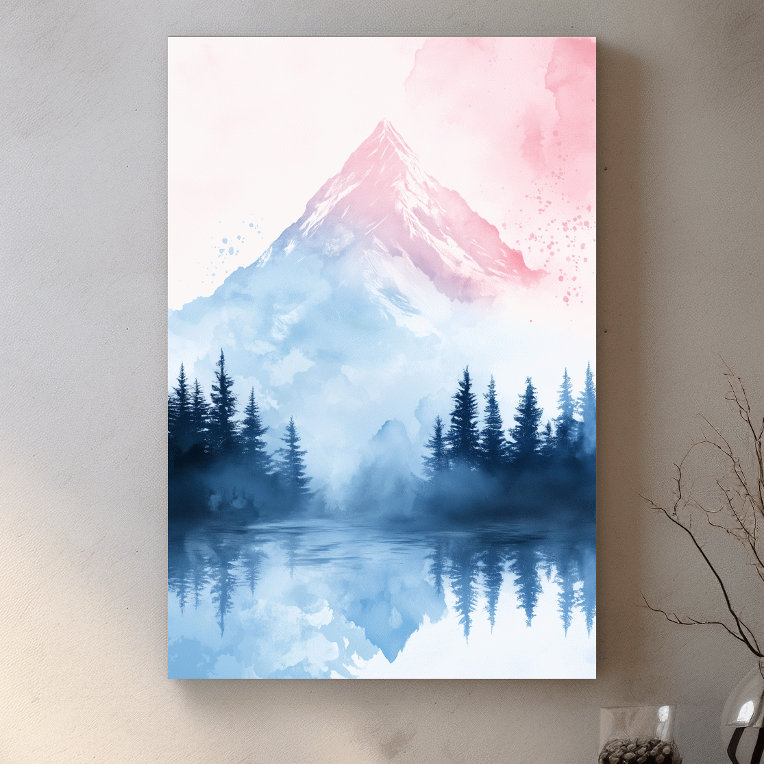 Pastel mountain watercolor painting, foggy forest by an alpine lake