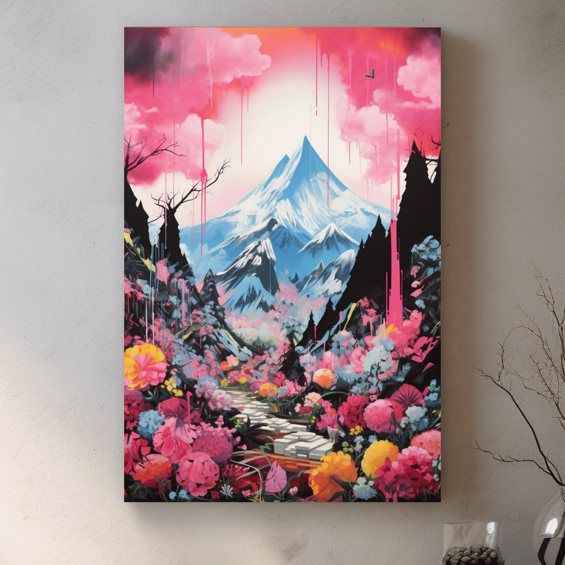 Energetic illustration of pink alpine flowers by a glacier