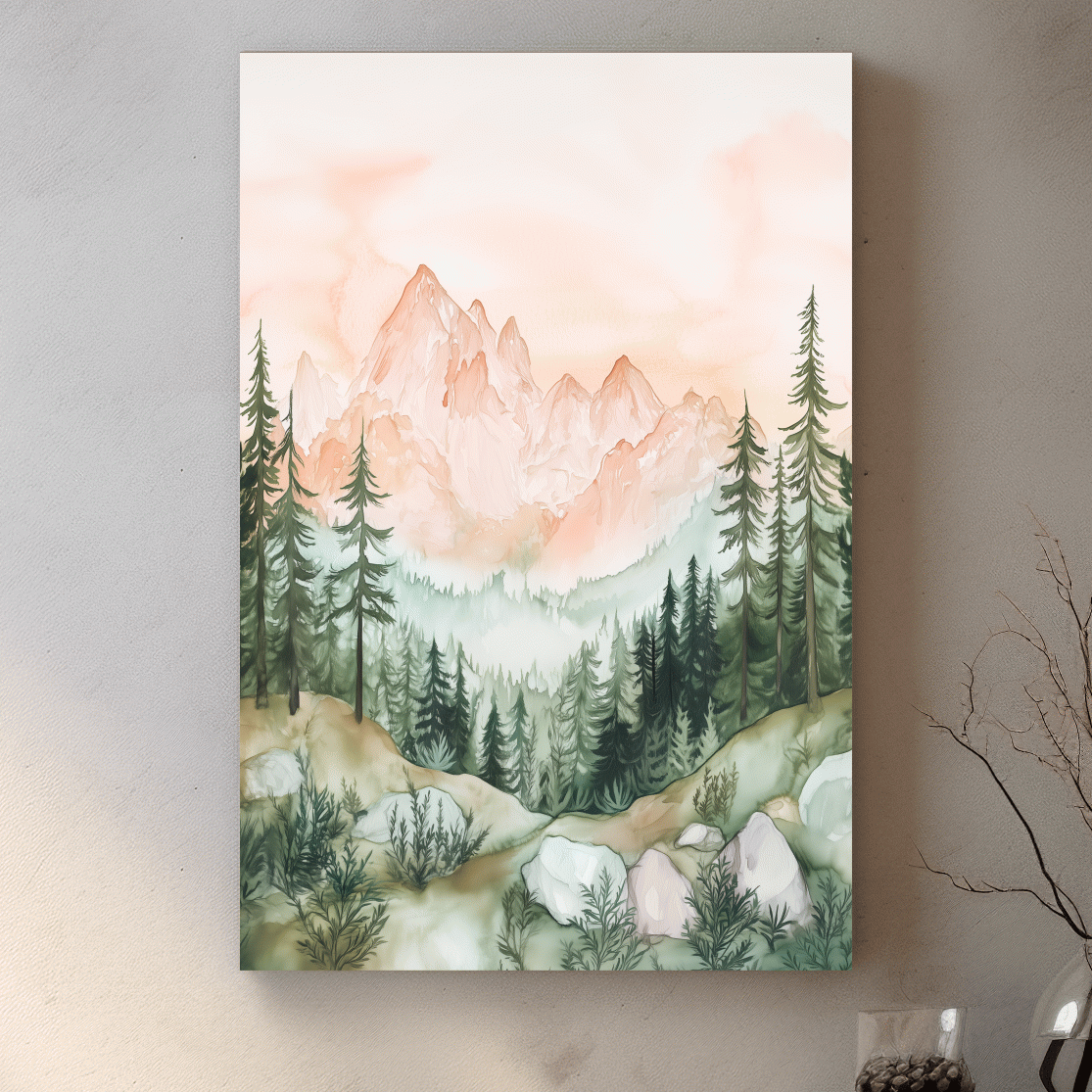 Alpine mountain forest watercolour painting wall art, pastel colors