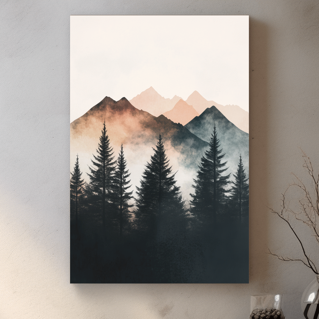 Foggy alpine forest watercolor painting, mountain art
