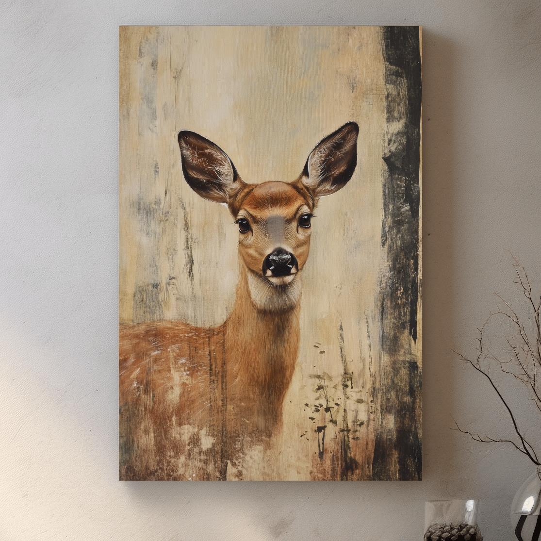 Rustic Whitetail Fawn Portrait Painting - Woodland Wildlife Wall Art
