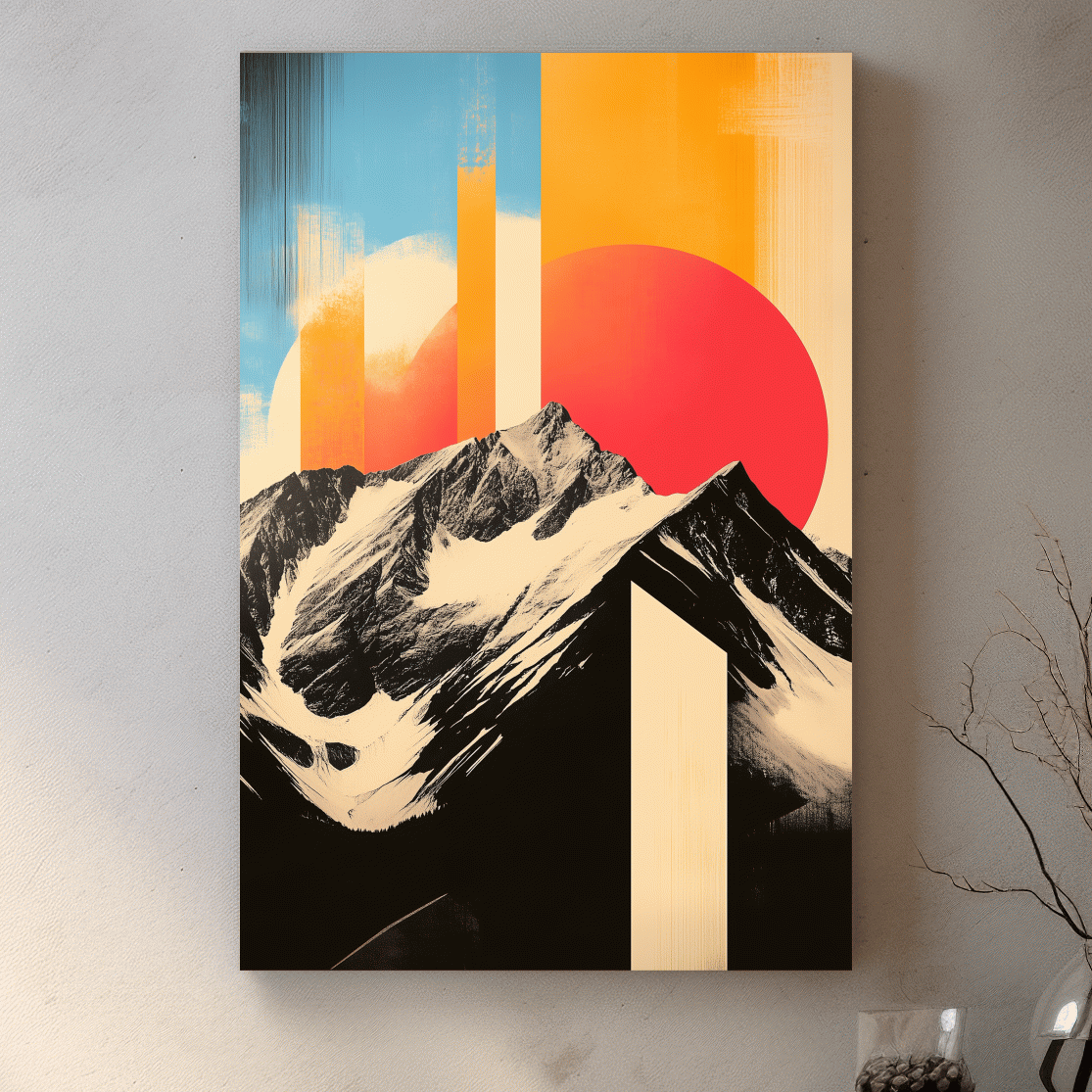 Retro Snowcapped Mountain Sunset Collage - Modern Geometric Landscape Wall Art