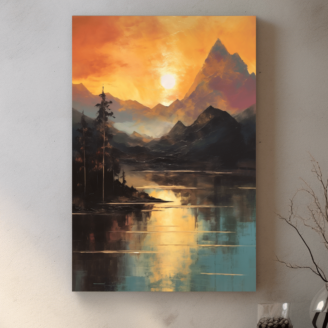 Golden Sunset Alpine Lake Reflection - Mountain Oil Painting Wall Art