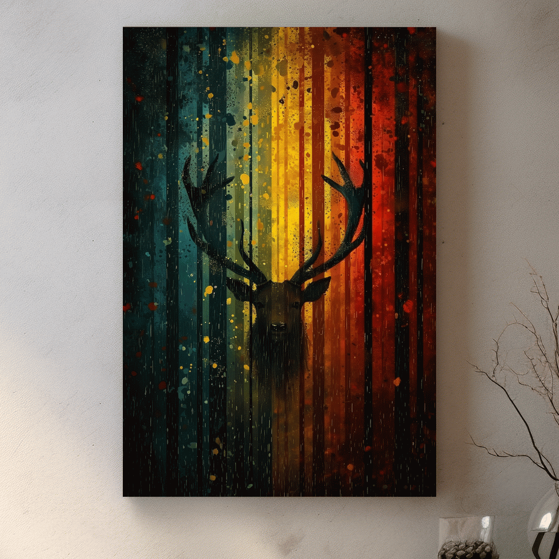 Abstract deer in a forest silhouette artwork, rainbow colours