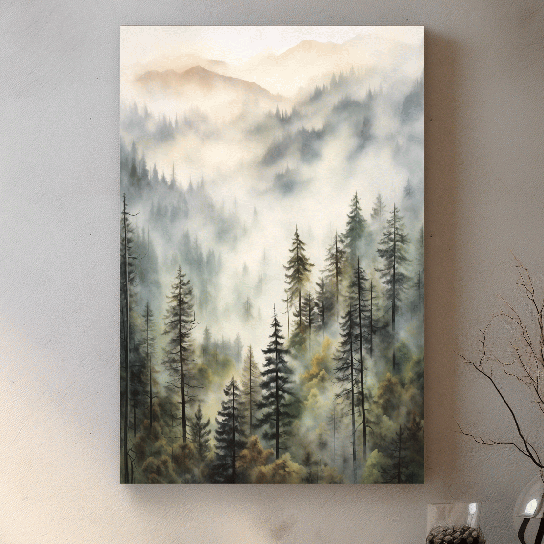 Misty Pine Forest Mountains Watercolor - Serene Foggy Landscape Wall Art