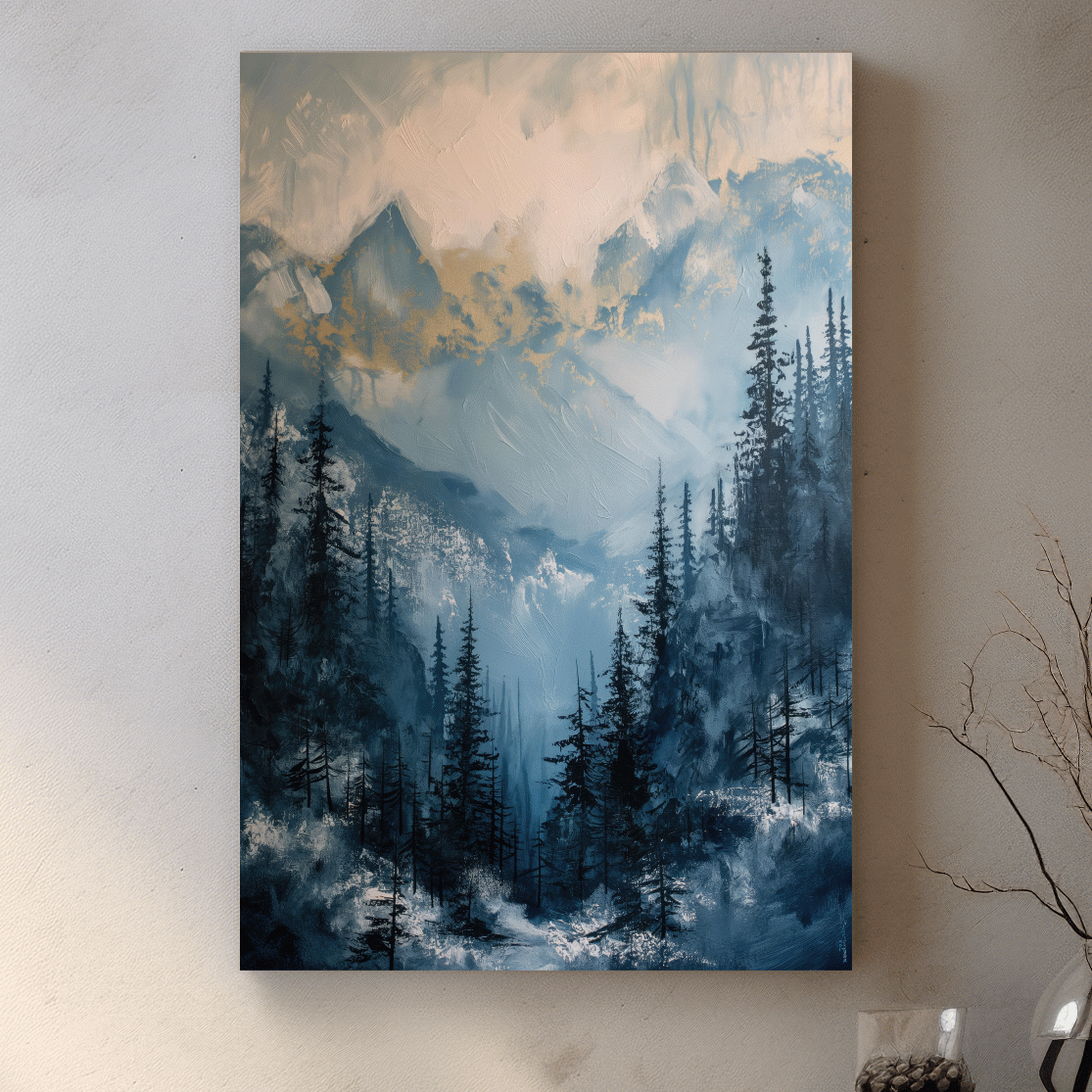 Moody Misty Blue Mountain Forest Painting - Alpine Landscape Wall Art