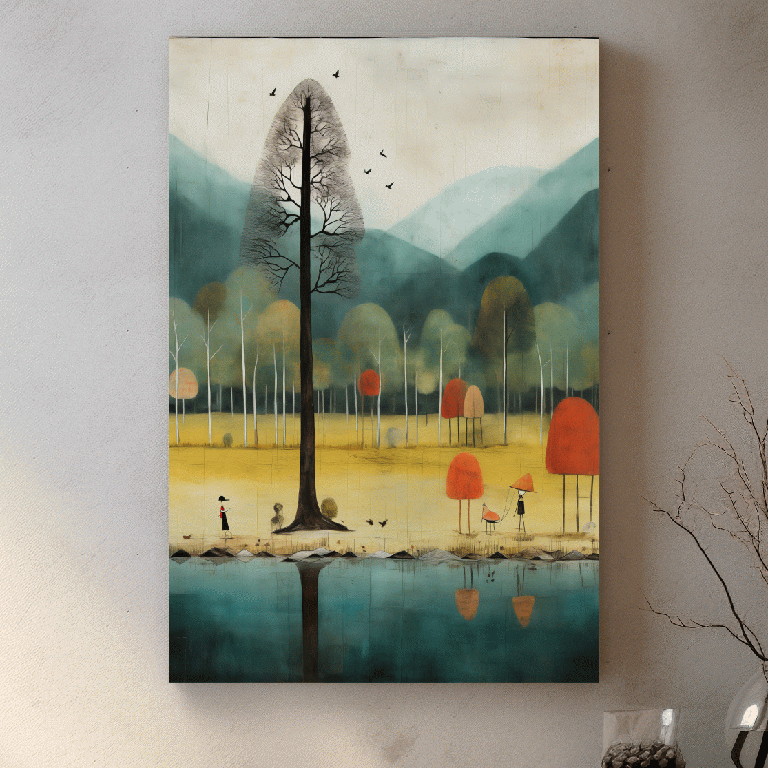 Quirky characters by a lake in fall, textured painting effect, whimsical autumn forest wall art print