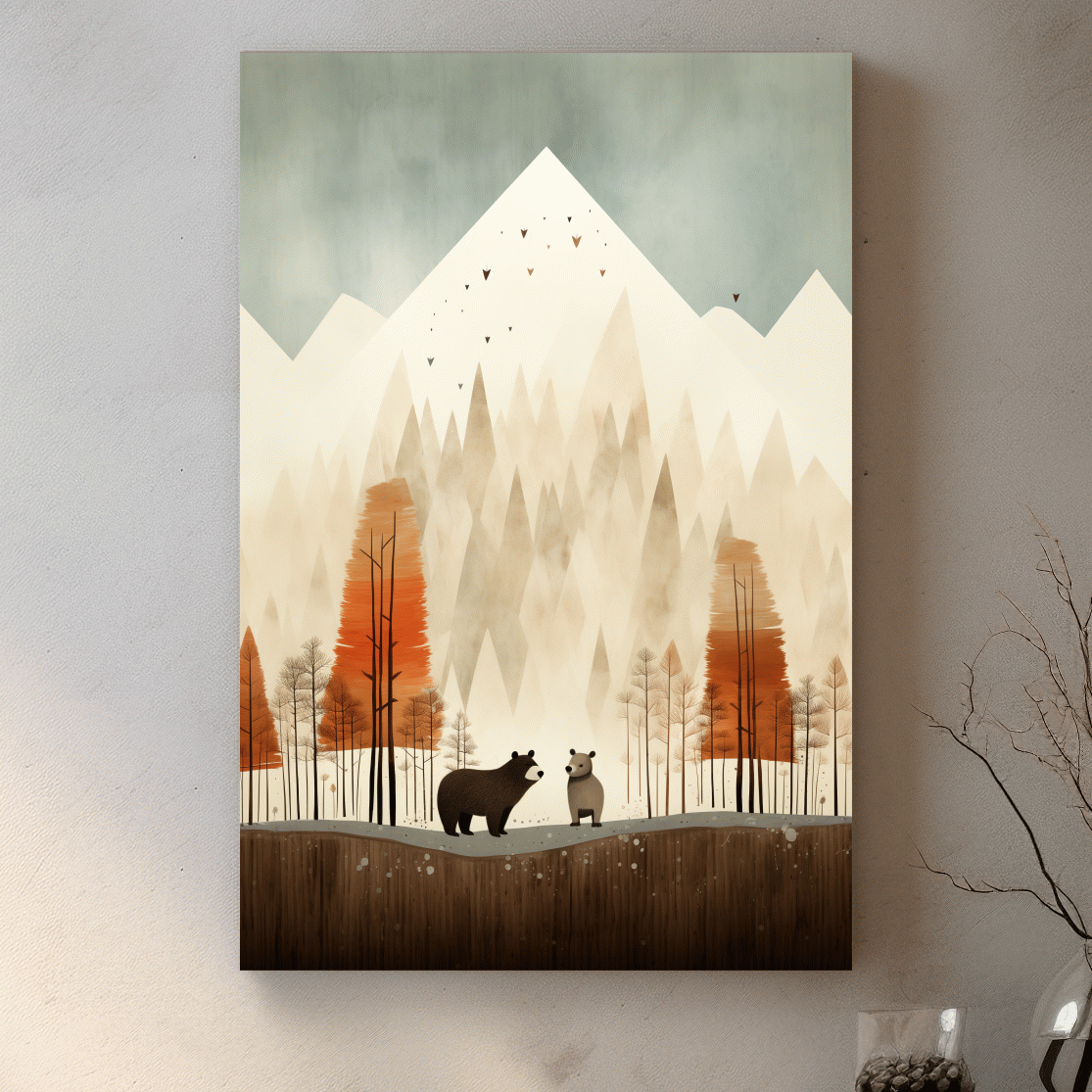 Bears in the forest in autumn, quirky childrens art illustration