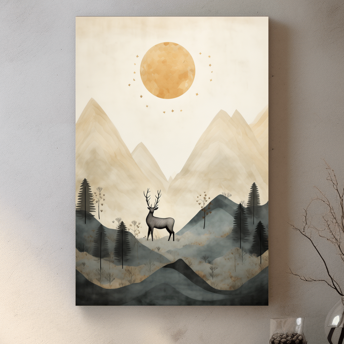 Deer standing in the forest under the night sky, quirky illustration art