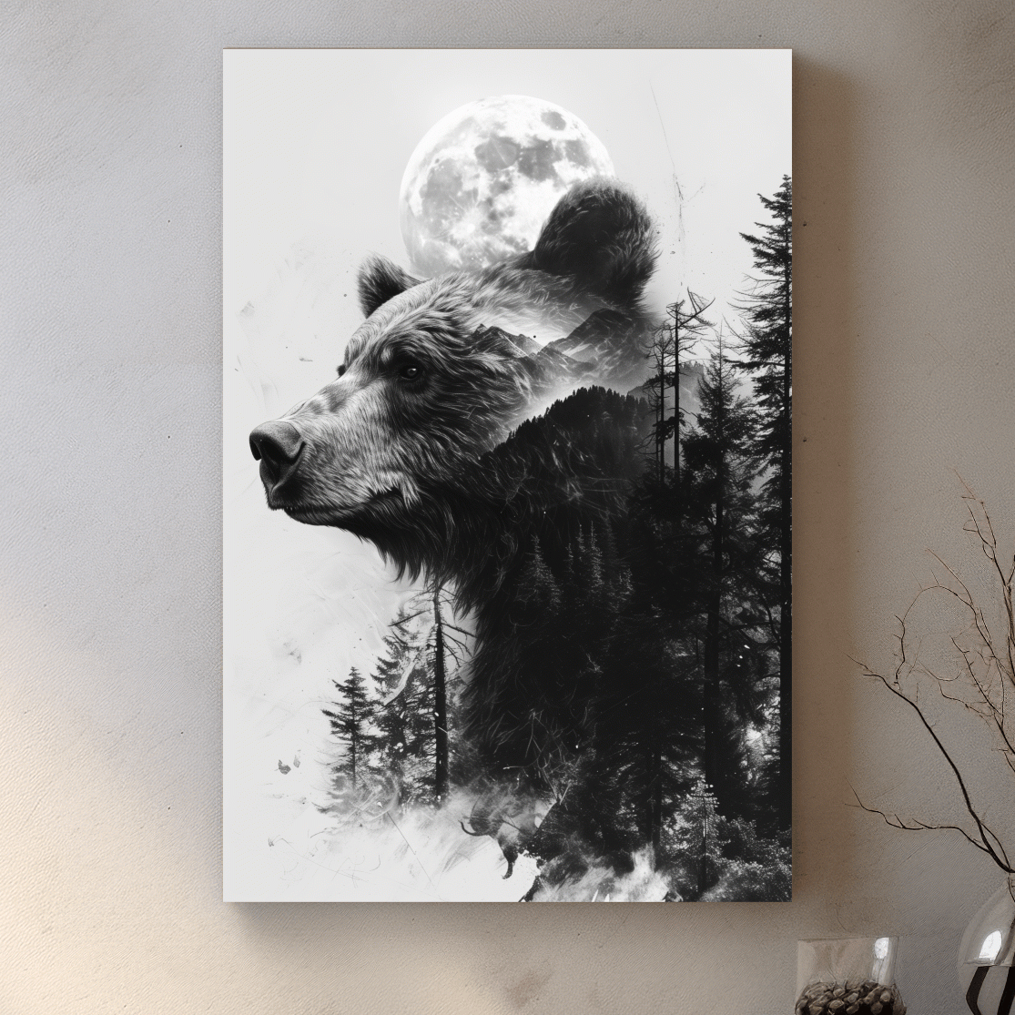 Double exposure style drawing artwork of a bear, forest, glacier and moon