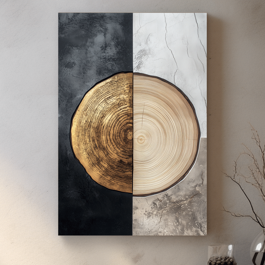 Split Marble And Charcoal Wood Slice - Modern Rustic Tree Ring Wall Art