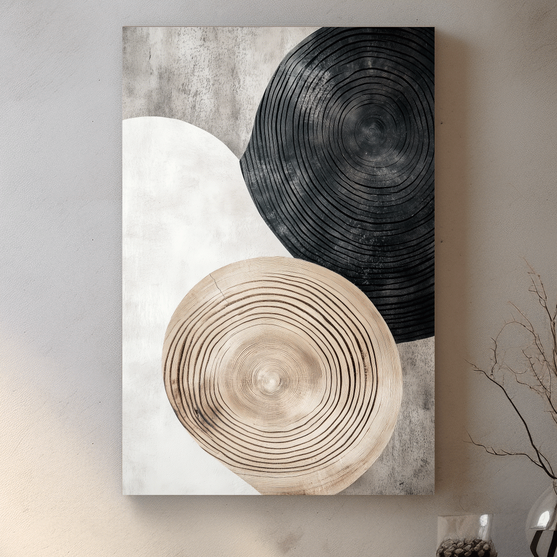 Minimalist Black Beige Wood Grain Circles - Modern Rustic Wall Art