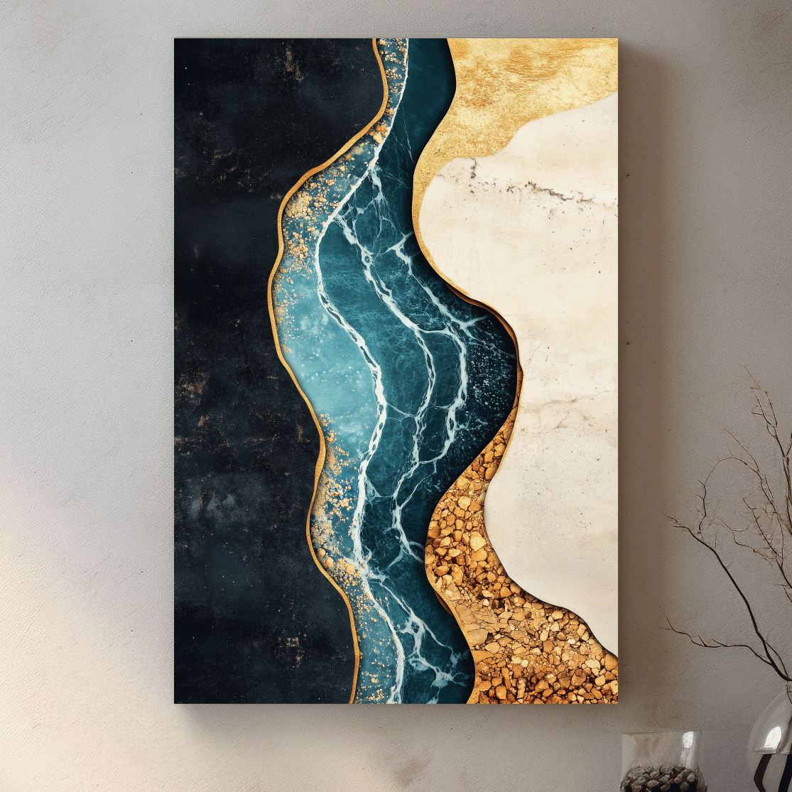 Luxurious Fluid Marble River Abstract - Gold Geode Resin Style Wall Art