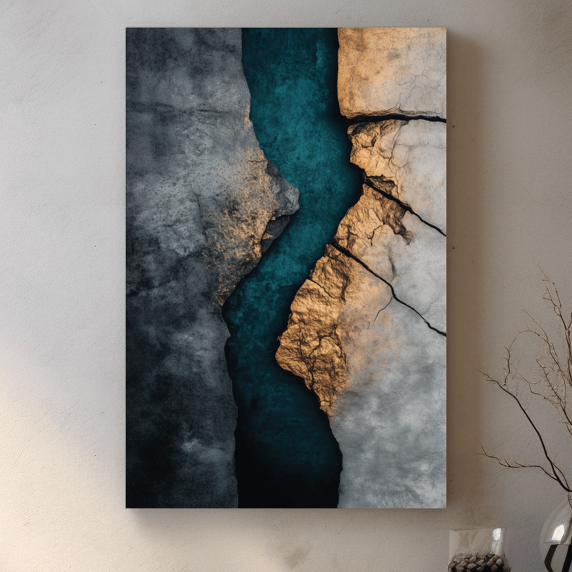 Cracked stone and turquoise abstract wall art, natural geological textured artwork