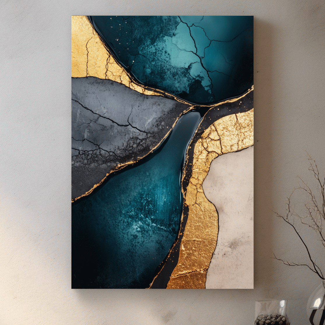 Elegant wall art, gold and teal cracked natural texture elements