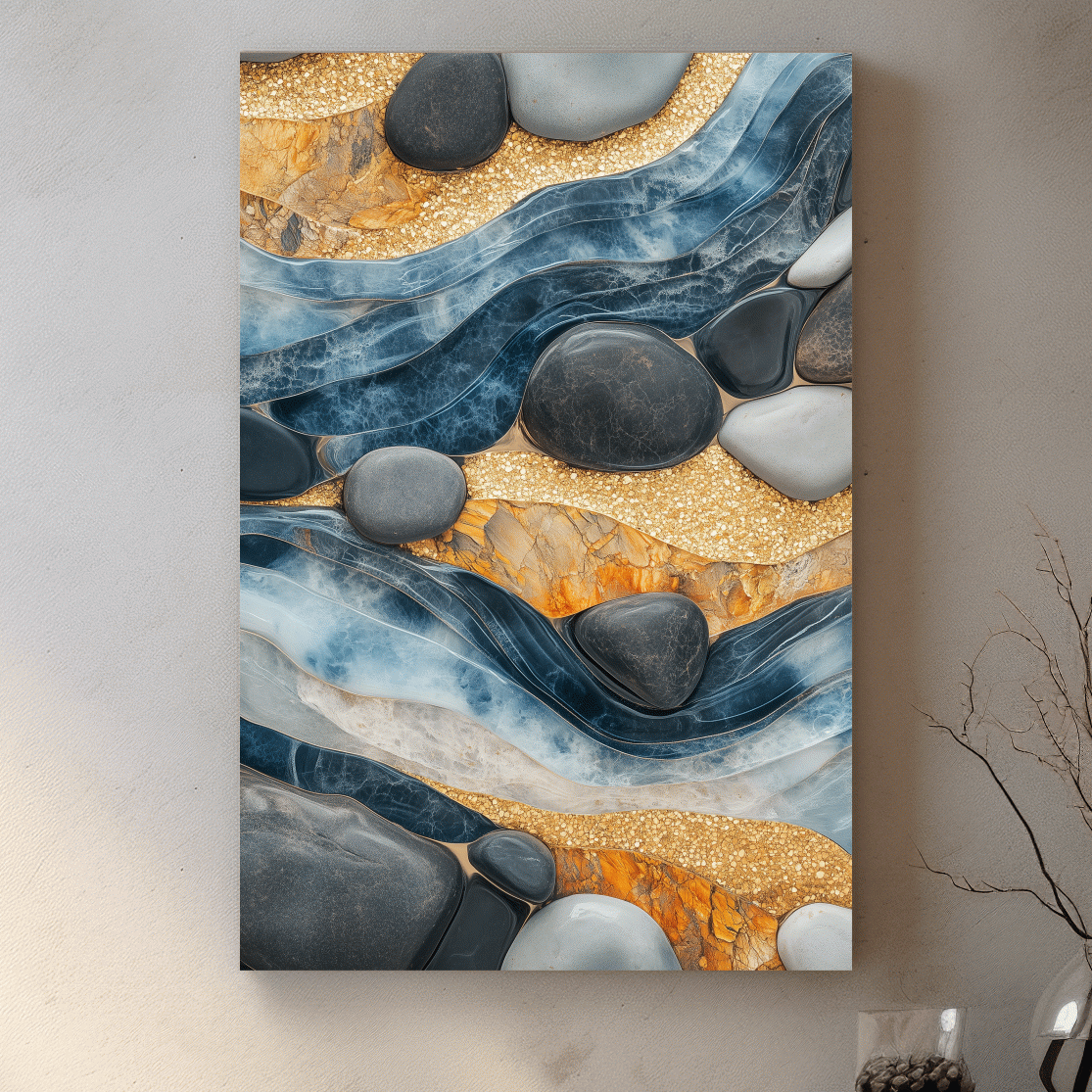 Abstract Blue River Stone Mosaic - Modern Pebble Texture Wall Art