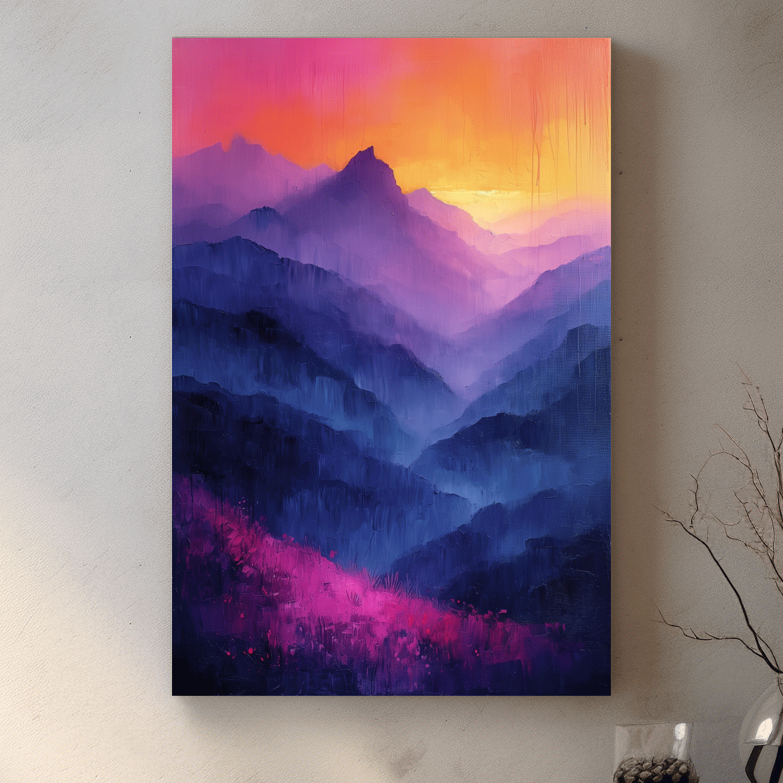 Colorful mountain sunset artwork, vibrant oil painting effect