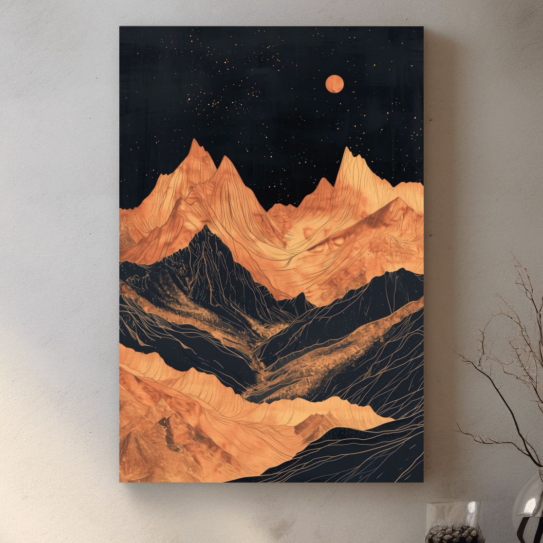 Moonlit elegant mountain artwork, metallic block print effect