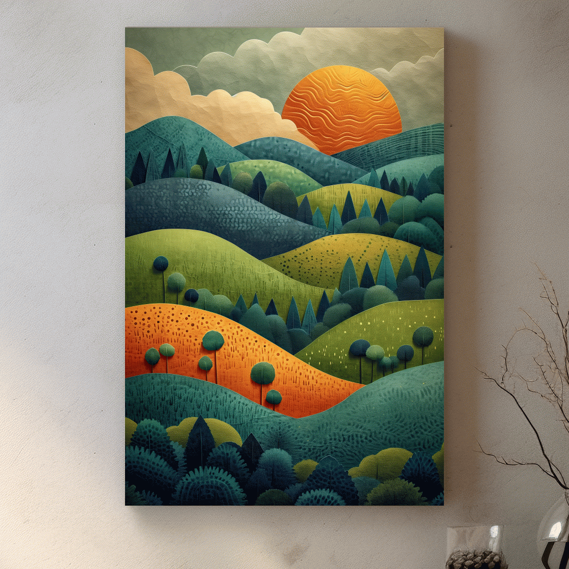 Rolling hills and trees at sunset mountain artwork, 3d layered paper cutout effect