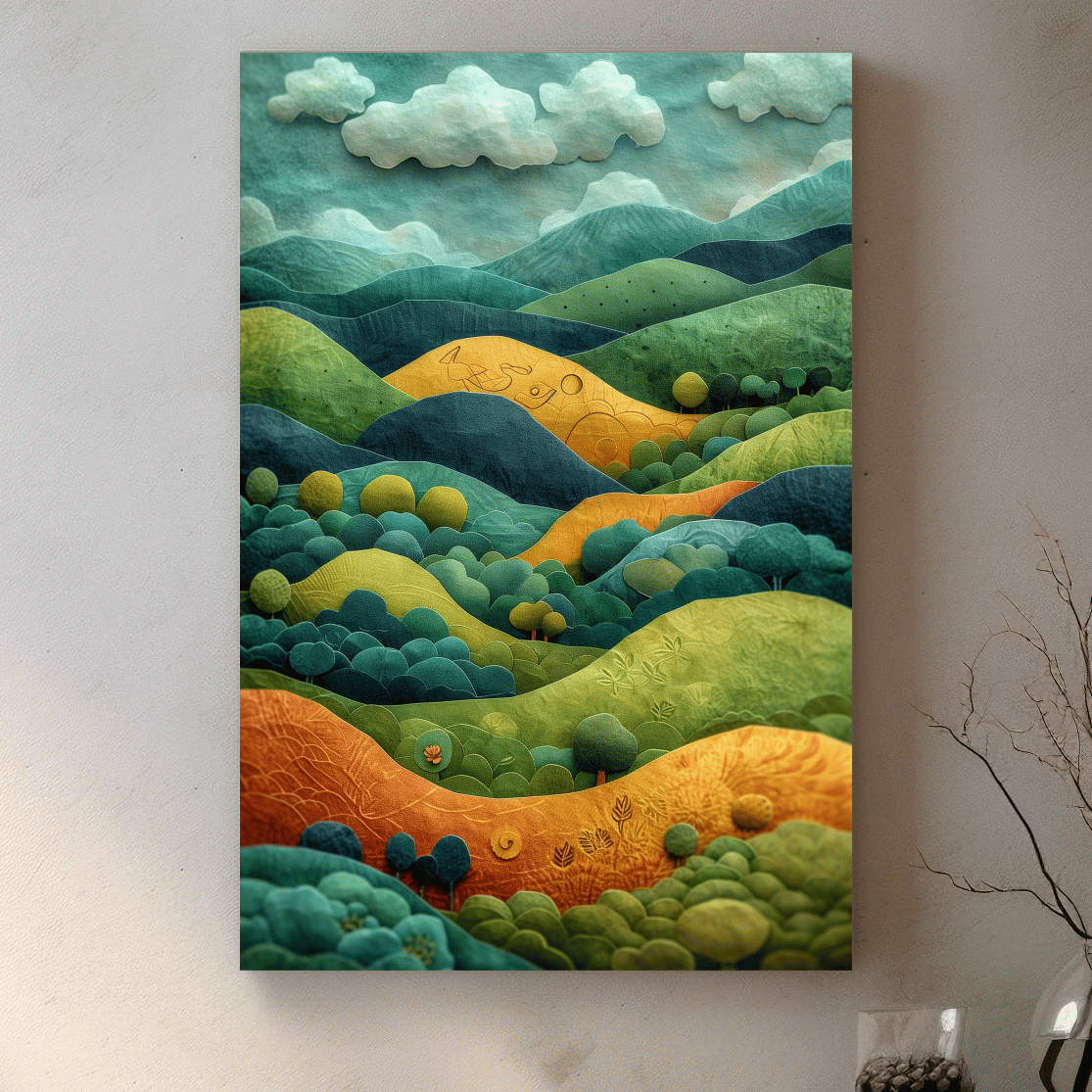 Abstract surreal mountain scene artwork, whimsical landscape in 3D layered style