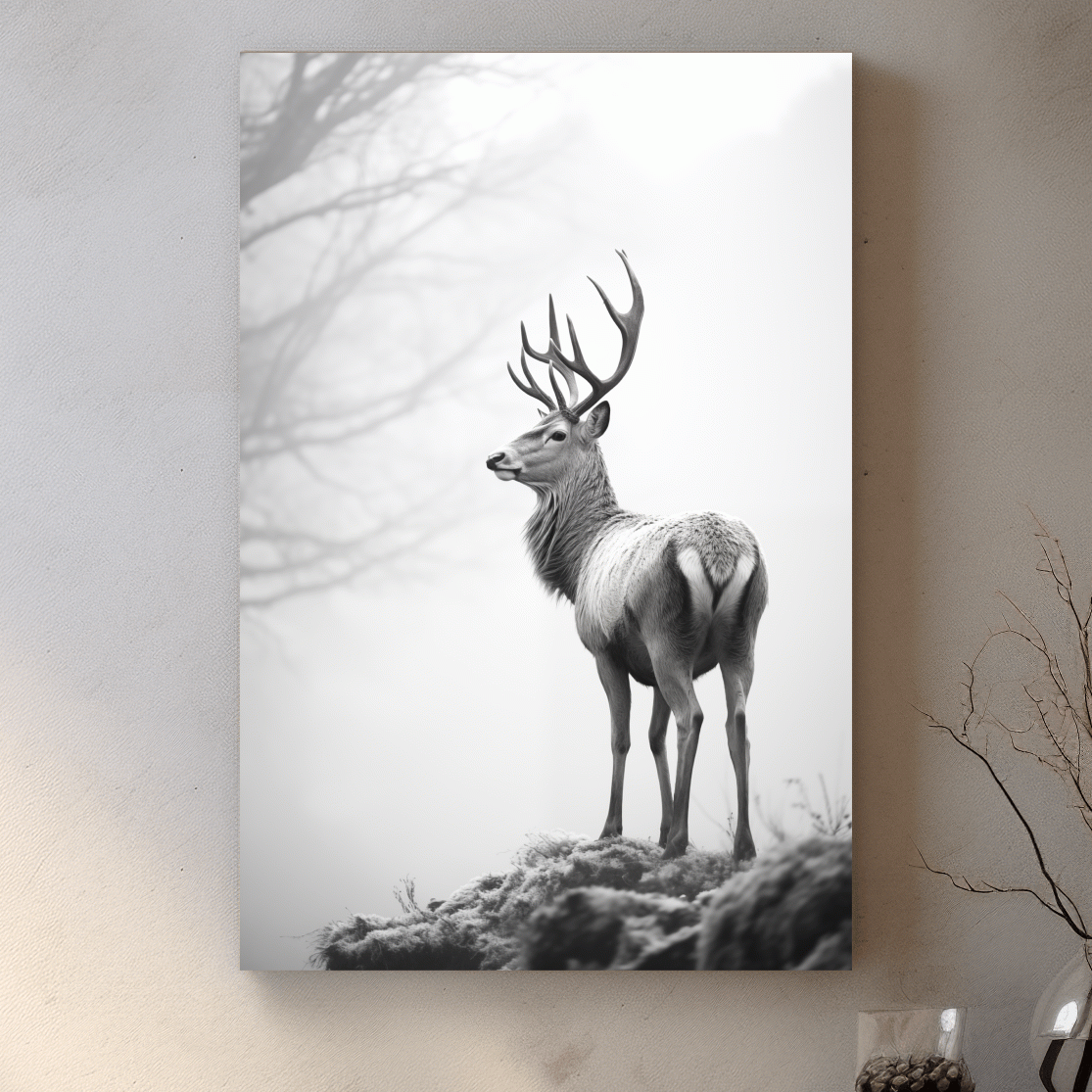 Black and white photograph of a majestic deer on a winter morning, serene wildlife artwork