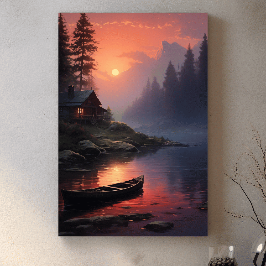 Beautiful painting of a cabin on a misty lake at sunset