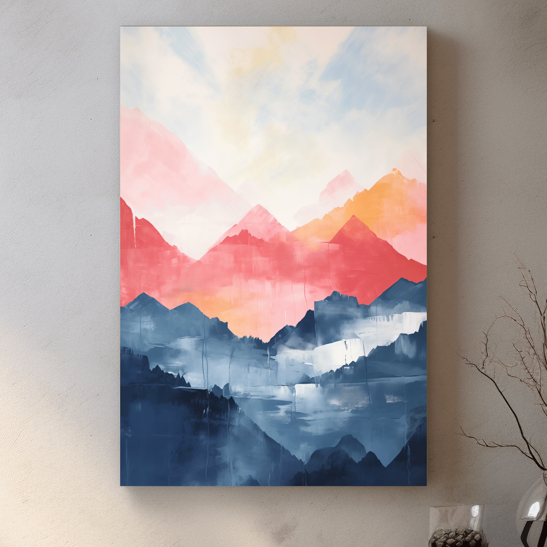 Colorful abstract mountain wall art, vibrant watercolor style painting