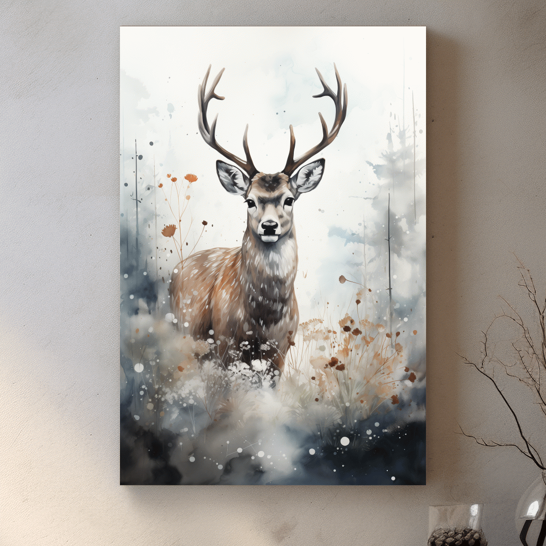 Rough textured watercolour painting of a deer buck standing in the forest