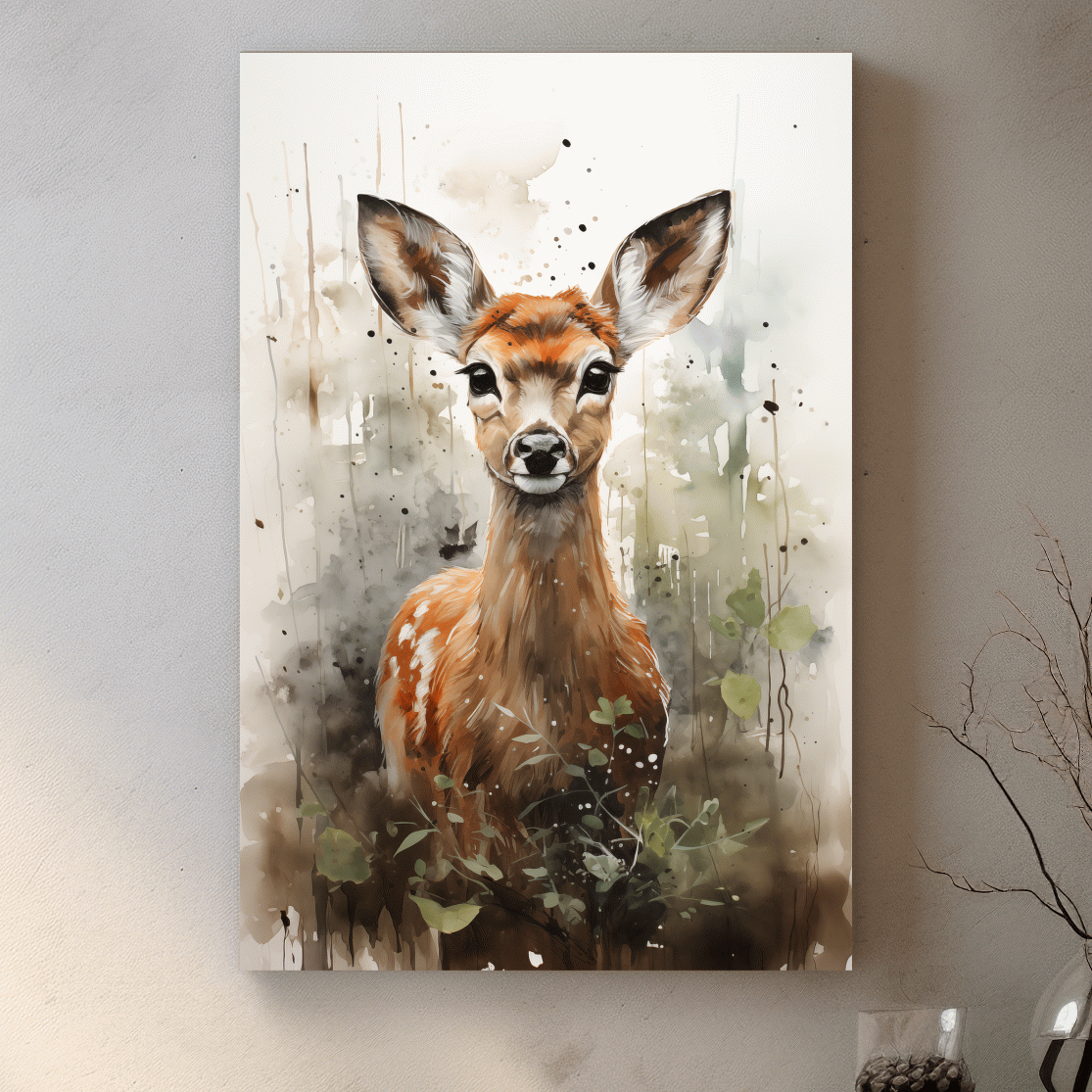 Watercolor fawn wall art, delicate forest setting artwork