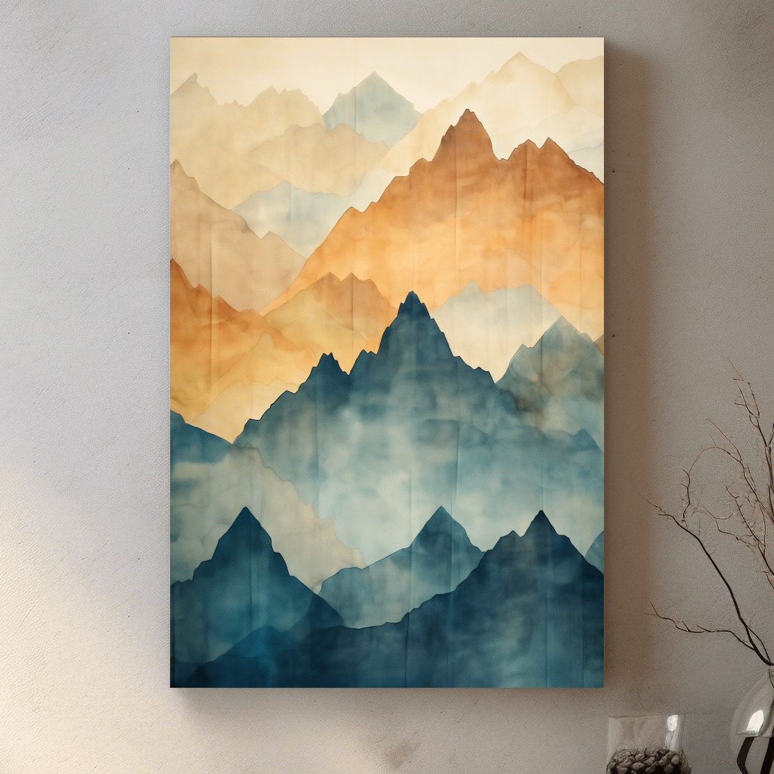 Textured effect watercolour painting of mountain ridgelines in the fog