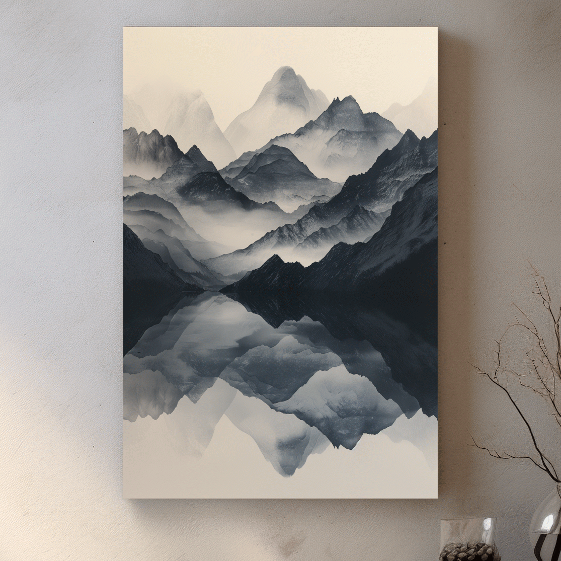 Japandi style mountain artwork, reflective mountain ranges