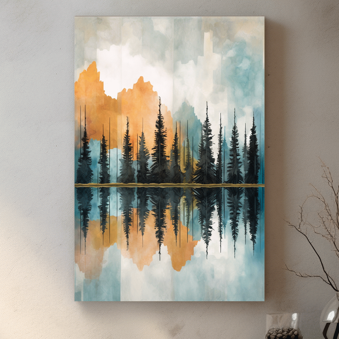 Abstract Watercolor Mountain Lake Reflection - Alpine Forest Landscape Artwork