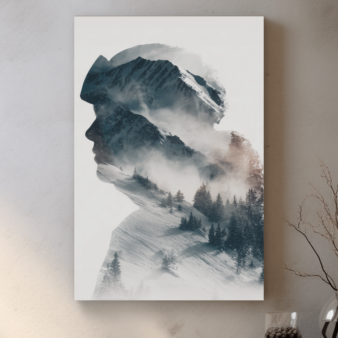 Mountain and skier double exposure wall artwork, blending snow-capped peaks and alpine trees