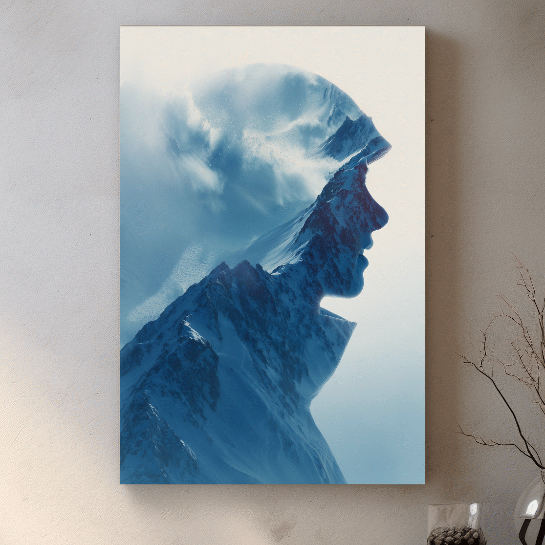 Double Exposure Mountain & Skier Portrait - Modern Snowy Alpine Wall Art