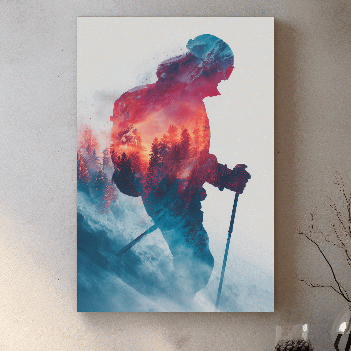 Double Exposure Skiier Silhouette Forest Sunset - Adventure Mountain Landscape Artwork