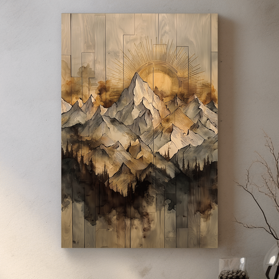 Rustic mountain peak artwork, sunlit layered wooden panel texture effect