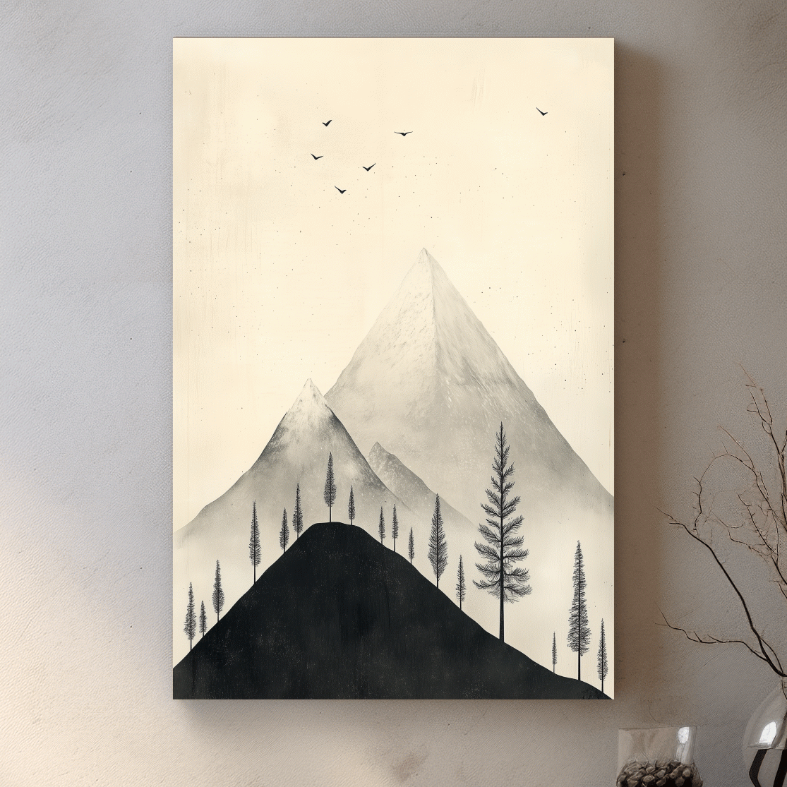 Minimalist Misty Mountain Peaks With Pine Trees - Monochrome Scandinavian Landscape Artwork