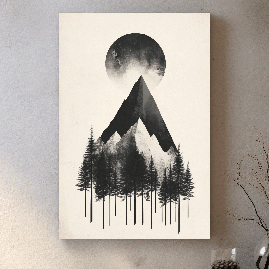 Mystical mountain and forest artwork, monochrome abstract wall art with large moon
