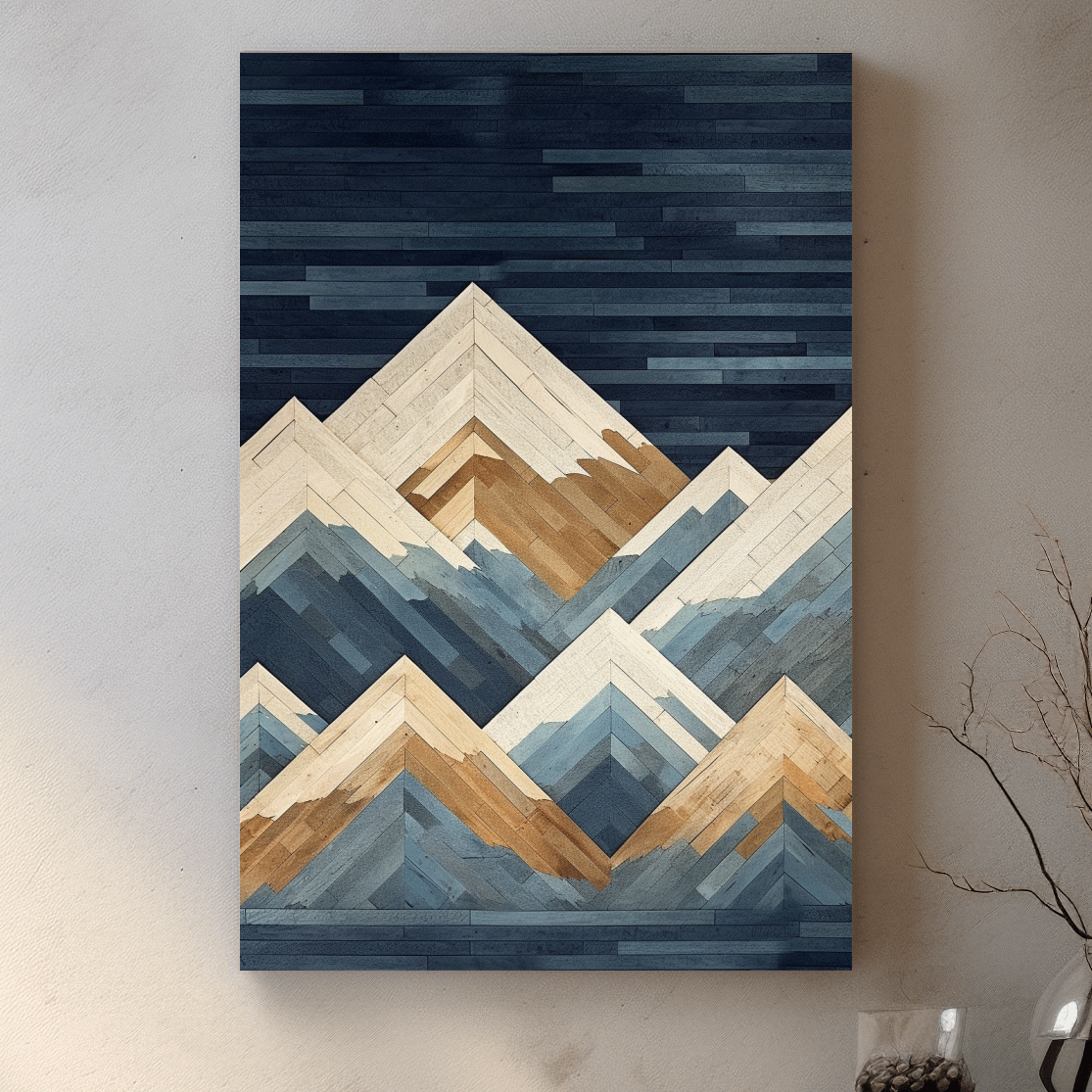 Geometric Layered Mountain Peaks - Wood Texture Landscape Wall Art