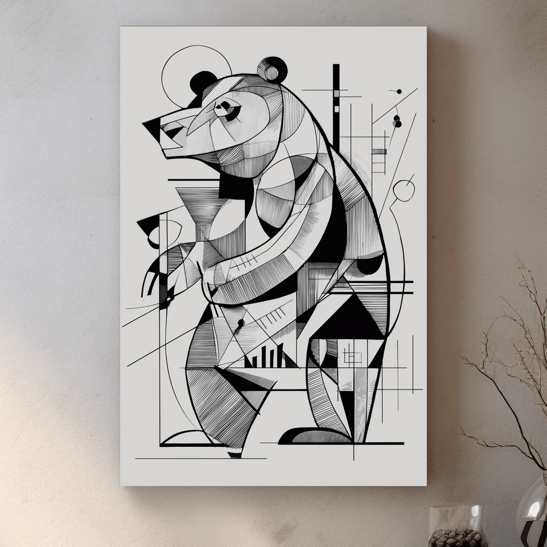 Cubism Abstract Bear Artwork - Modern Black And White Wildlife Wall Art