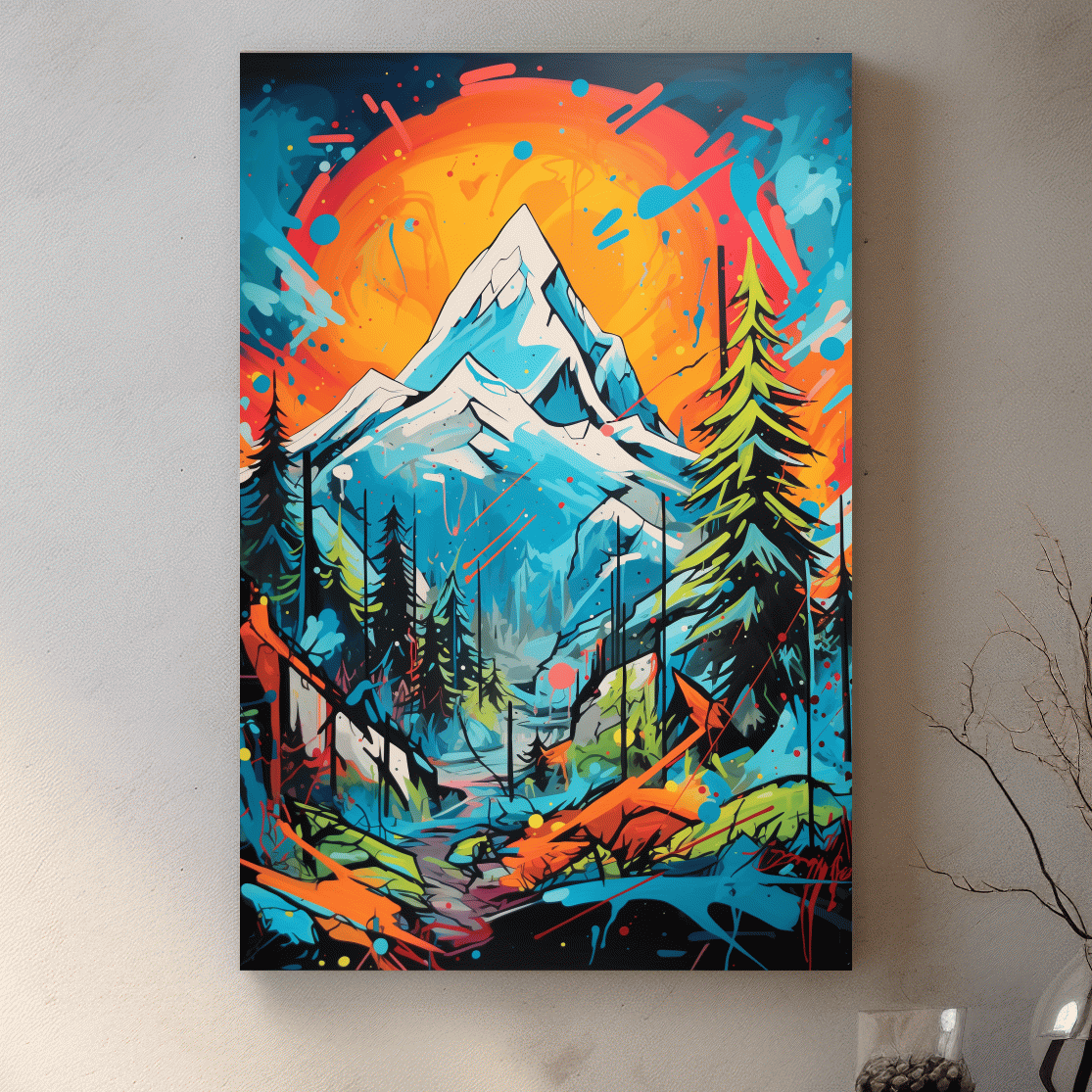 Vibrant Abstract Mountain Sunset Graffitti Painting - Colorful Pop Art Alpine Wall Art