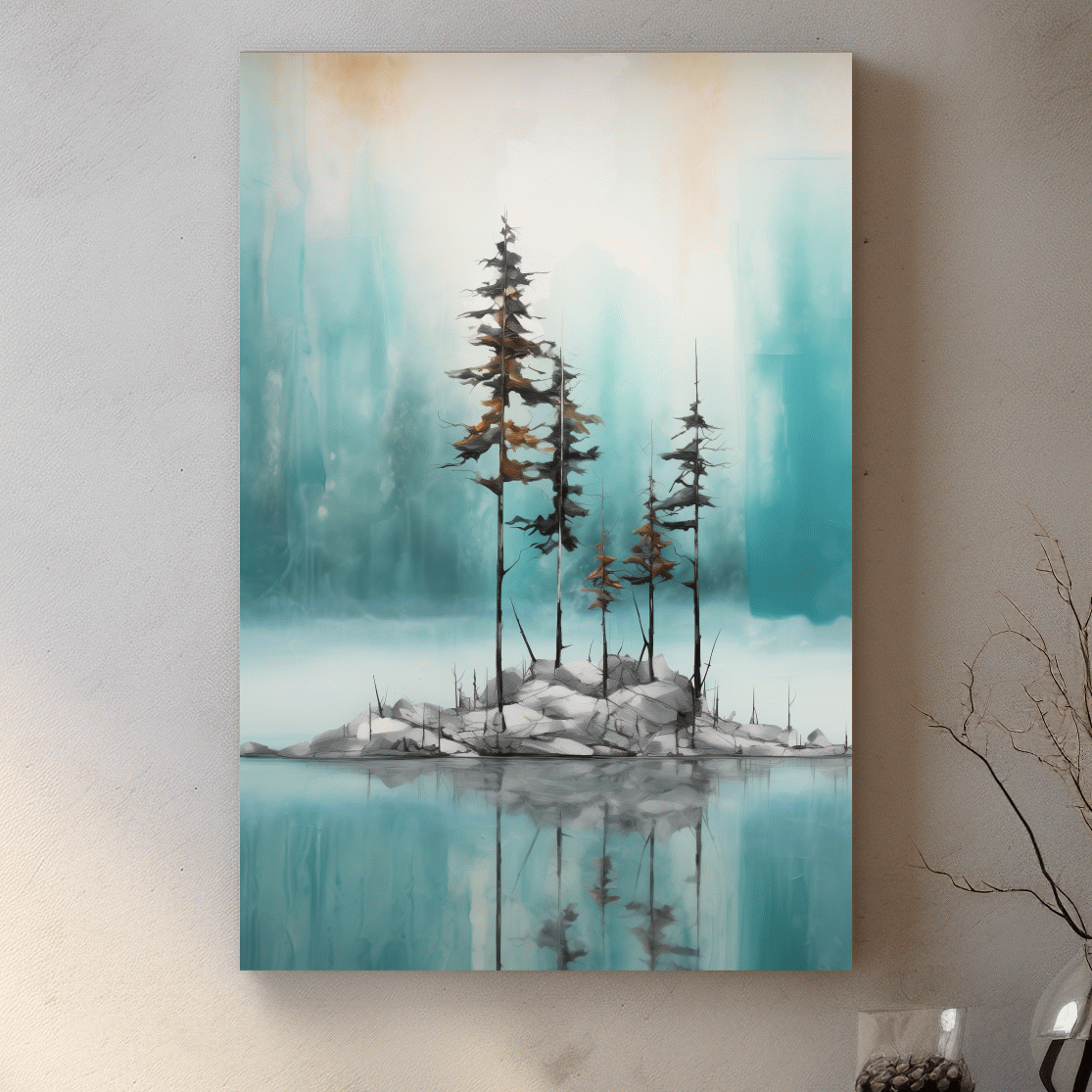 Misty Pine Trees Reflection - Watercolor Turquoise Alpine Lake Wall Art