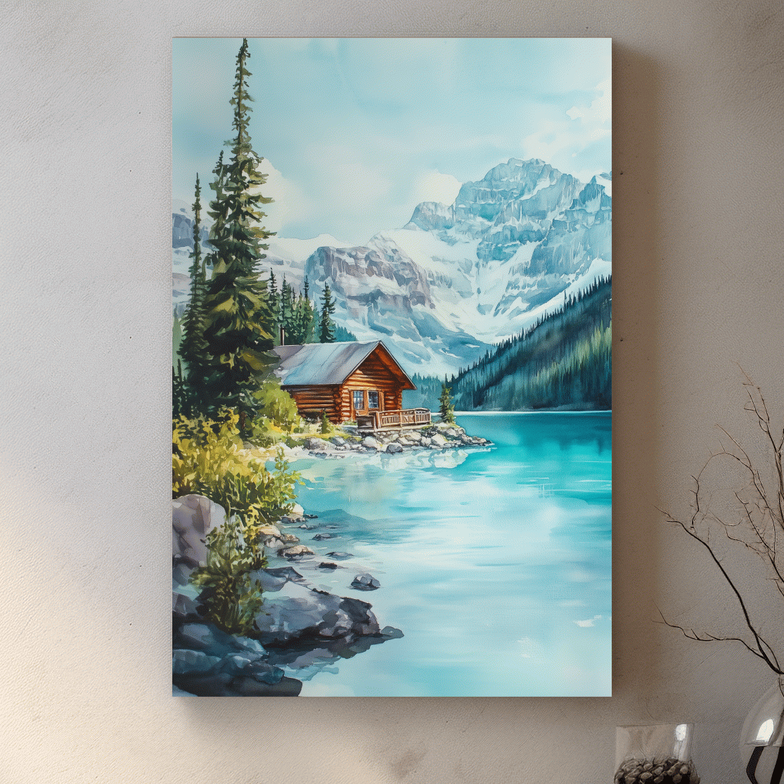 Turquoise Alpine Lake Cabin Watercolor - Serene Snowy Mountain Wall Art