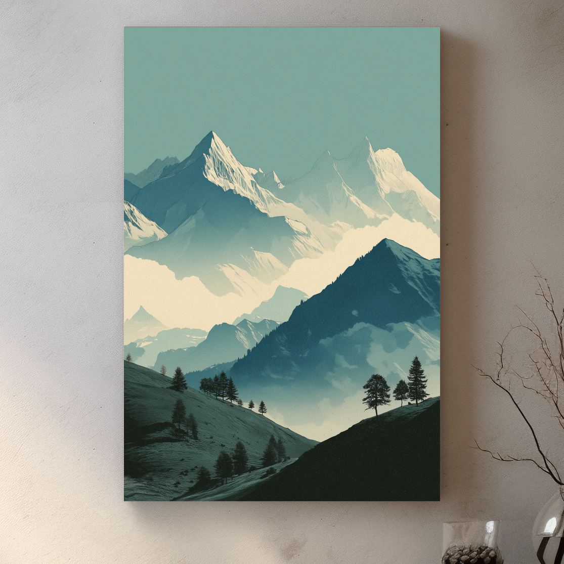 Misty Alpine Mountain Peaks Illustration - Serene Landscape Wall Art
